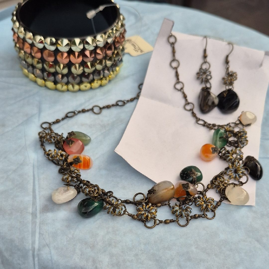 True Gold  Silver Bronze Bracelet With Genuine Gemstones Necklace  Earrings